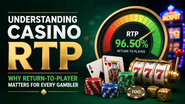Casino RTP illustration showing a 96.50% return-to-player gauge with slot machine, poker cards, casino chips, and dice explaining gambling payout percentages