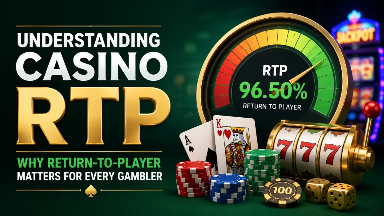 Casino RTP illustration showing a 96.50% return-to-player gauge with slot machine, poker cards, casino chips, and dice explaining gambling payout percentages
