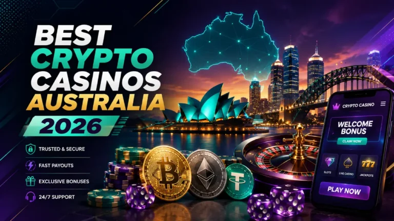 Futuristic featured image for Best Crypto Casinos Australia 2026 showing Sydney's skyline with the Opera House, Bitcoin, Ethereum and USDT coins, a crypto casino mobile interface, roulette wheel, casino chips, and a unique teal, purple, and gold neon color palette.