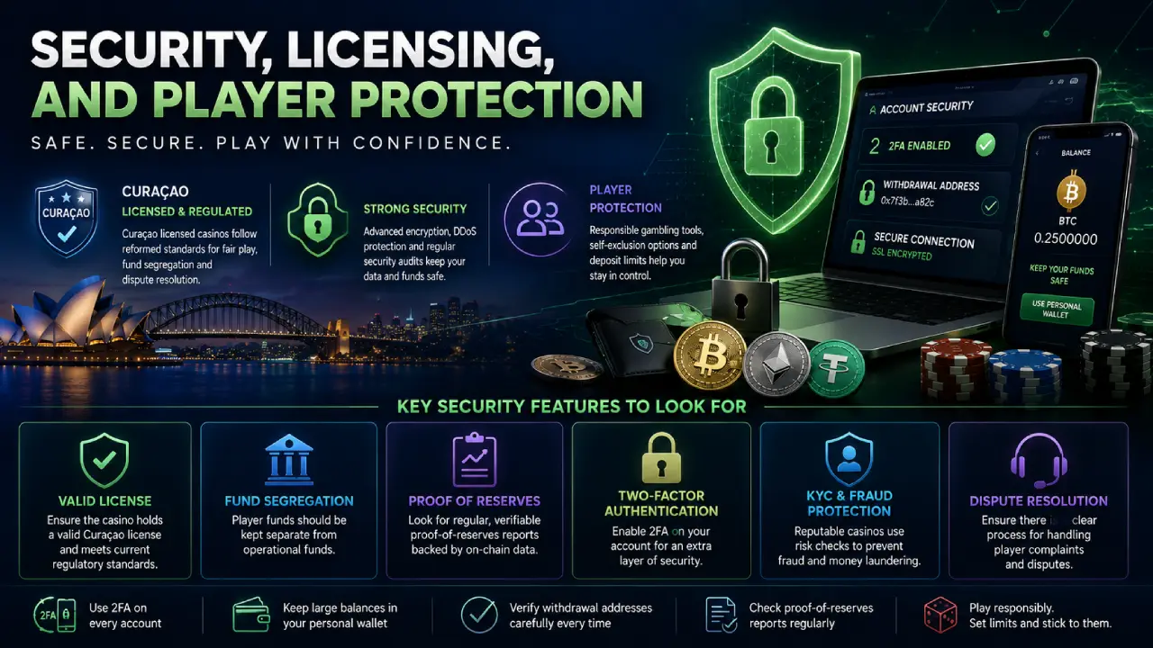 Modern cybersecurity-themed illustration showing a secure crypto casino environment with a shield and padlock, 2FA-enabled smartphone, digital wallet, Bitcoin and stablecoins, subtle Curaçao licensing badge, and Australian skyline, representing player protection, secure withdrawals, and responsible crypto gambling in 2026.