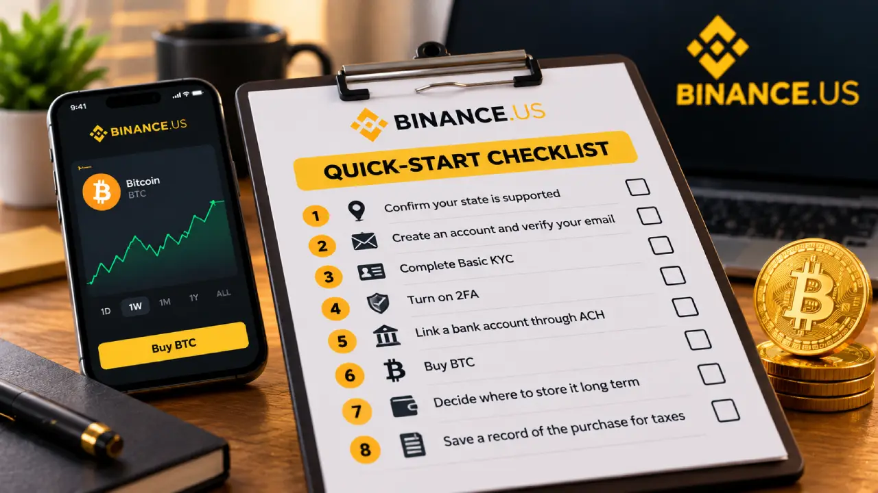 Quick-start checklist for buying Bitcoin on Binance.US, covering account setup, KYC, 2FA security, ACH funding, buying BTC, storage, and tax records.