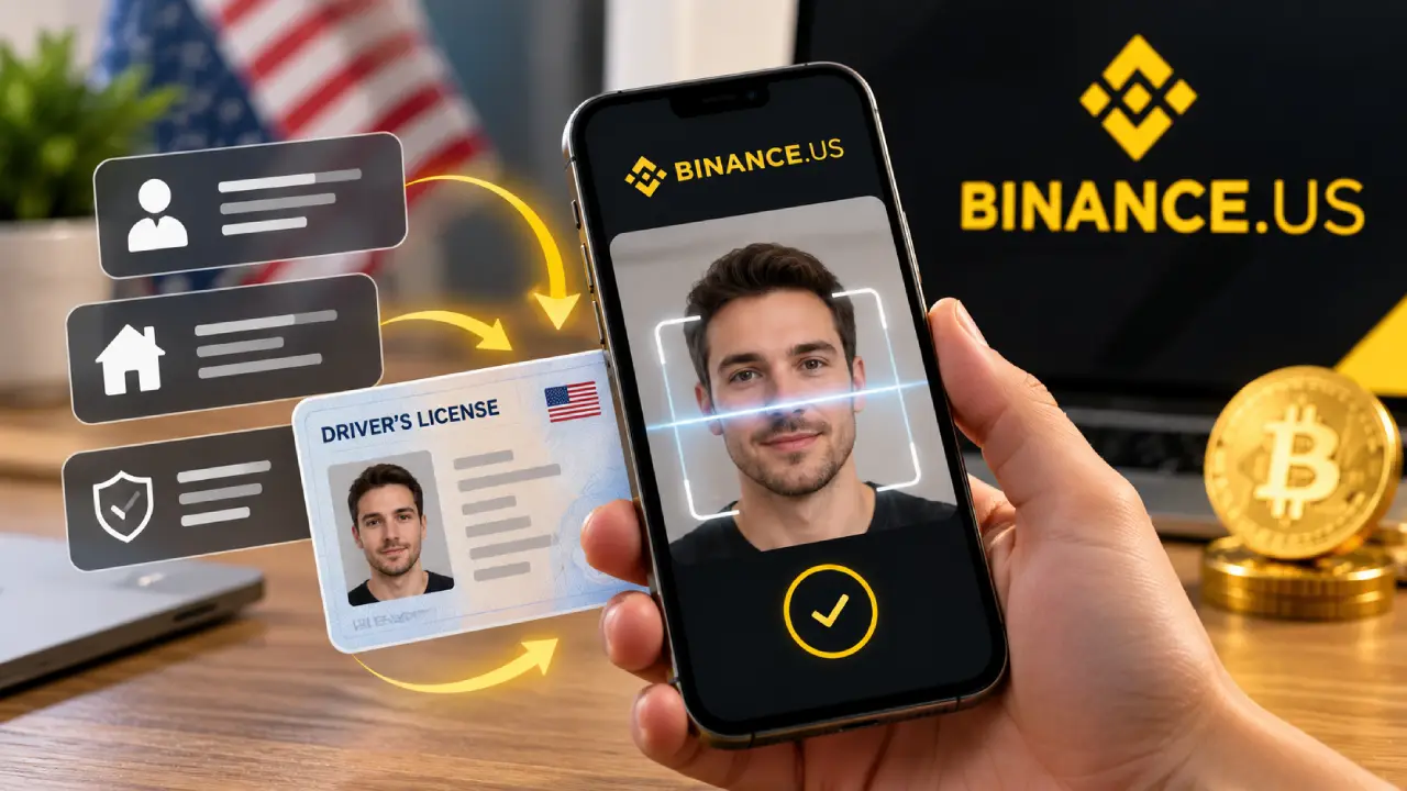 Binance.US KYC verification process showing identity details, a U.S. driver’s license, and facial verification on a smartphone.