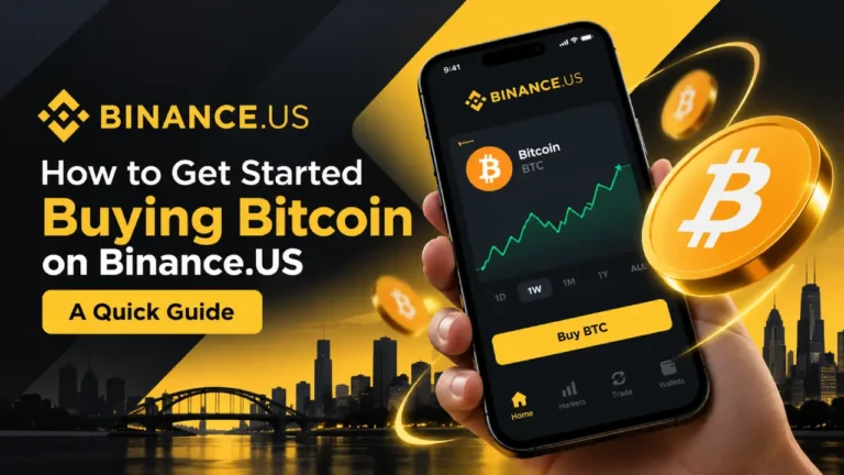 Beginner’s guide to buying Bitcoin on Binance.US, featuring a smartphone with a Bitcoin price chart and BTC purchase screen.