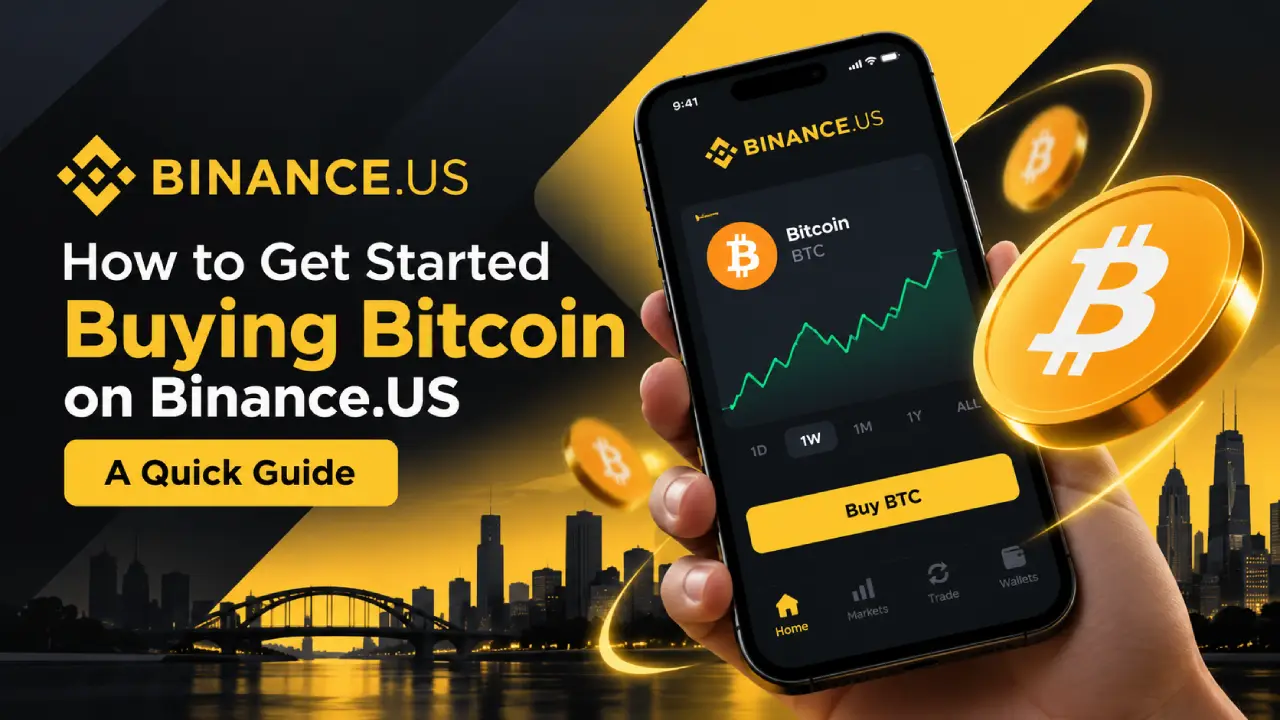 Beginner’s guide to buying Bitcoin on Binance.US, featuring a smartphone with a Bitcoin price chart and BTC purchase screen.