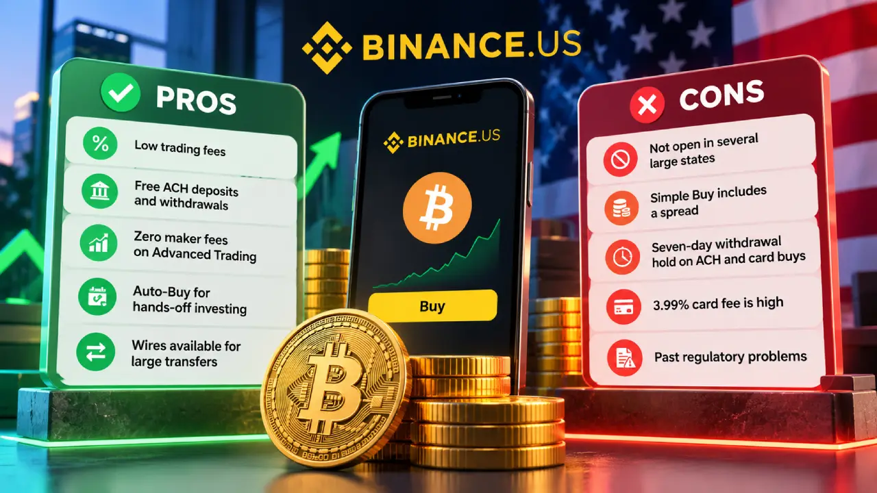 Binance.US pros and cons comparison showing Bitcoin trading fees, ACH transfers, Auto-Buy, withdrawal holds, card fees and availability limitations.