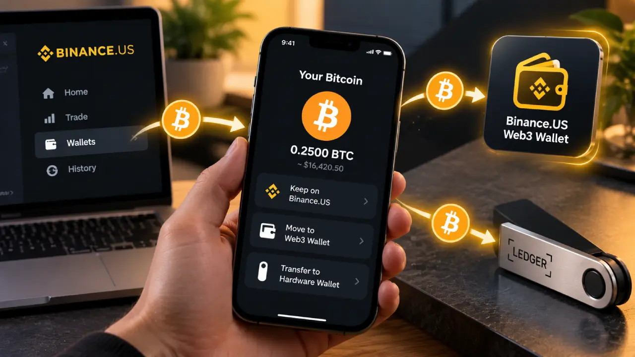 Bitcoin storage options after buying on Binance.US, including keeping BTC on the exchange, using a Web3 wallet, or transferring it to a hardware wallet.