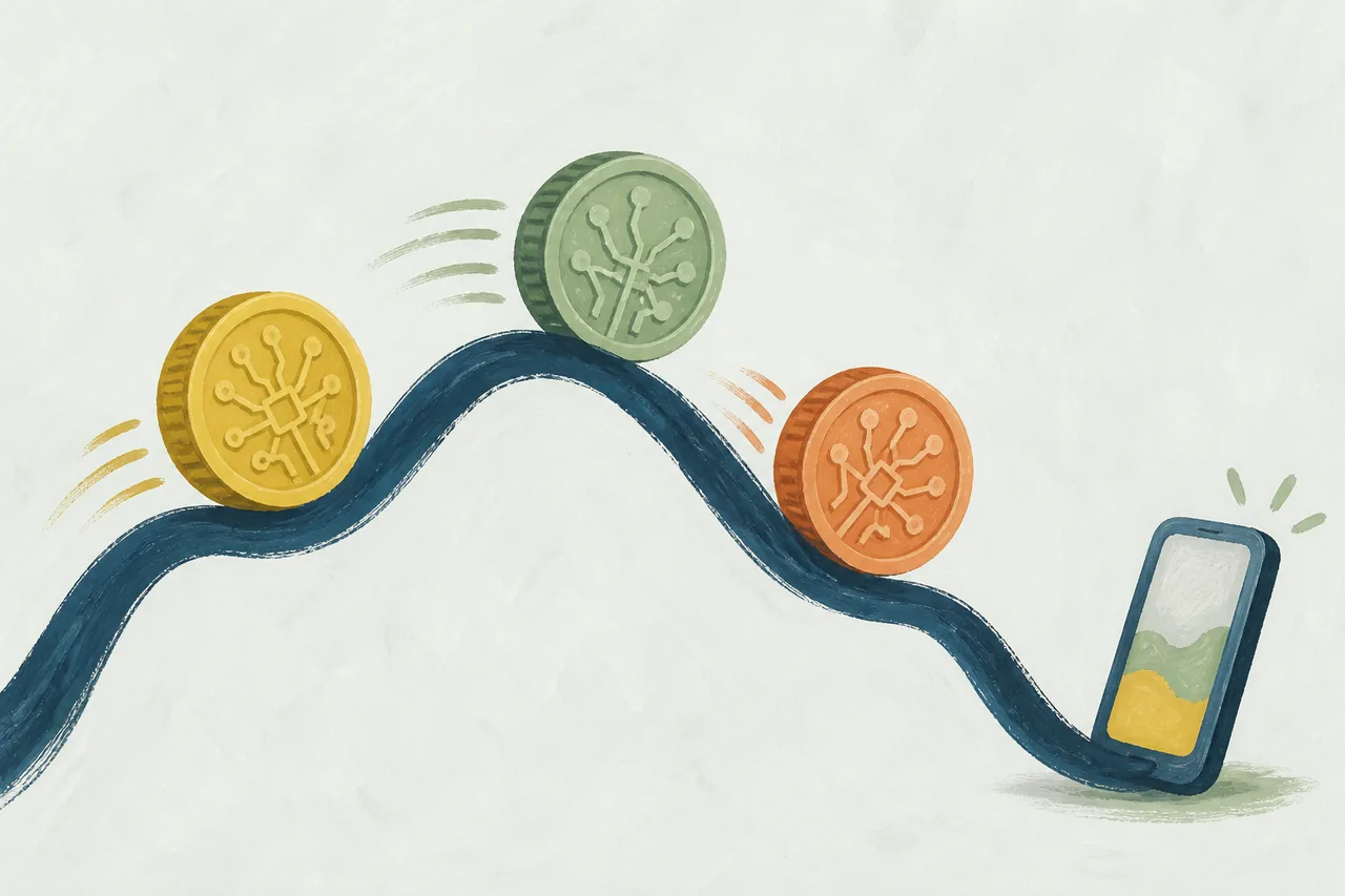 Crypto coins riding a wavy line toward a phone