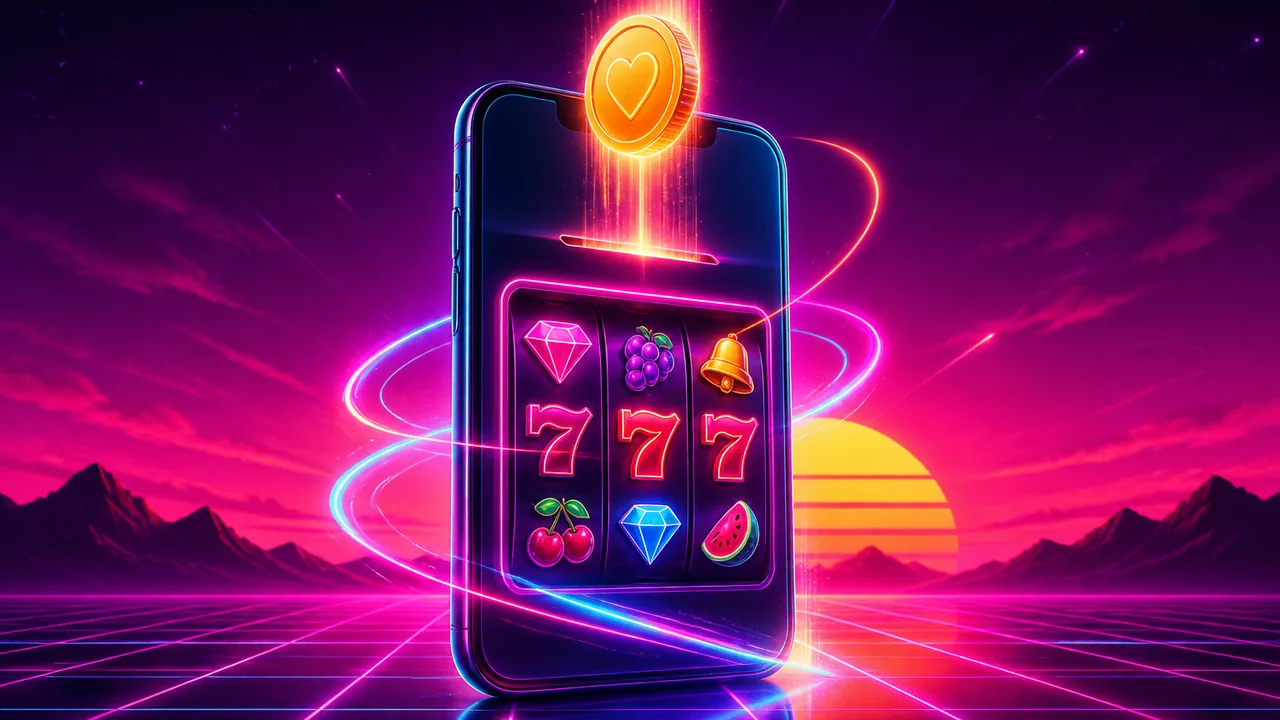 Neon phone with reels and a coin for first-time deposit pokies offers