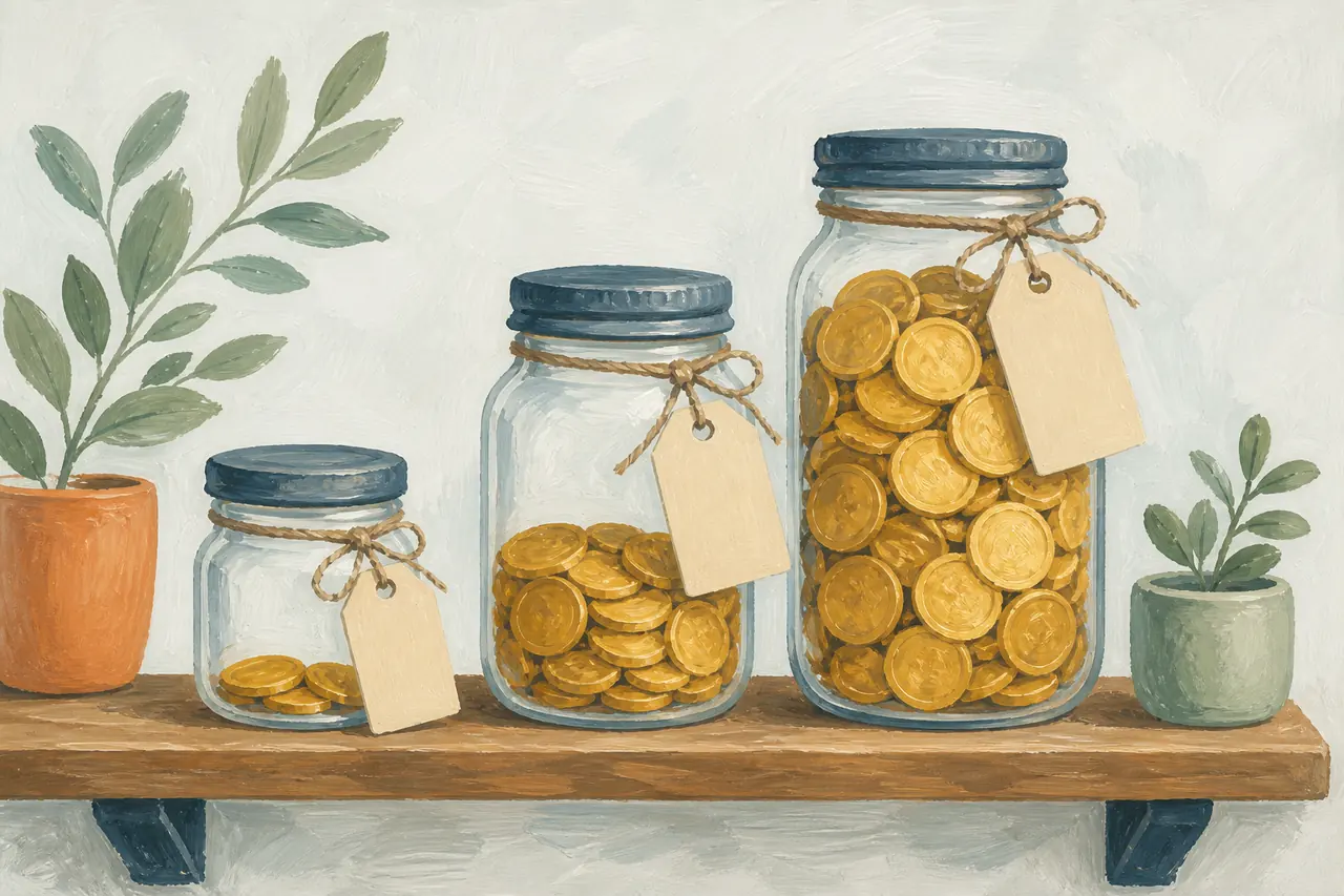 Coin jars showing different first deposit sizes for pokies offers