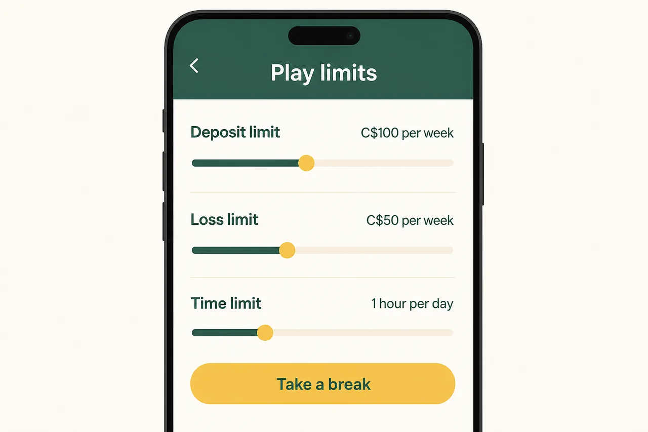 Phone screen with deposit, loss and time limits for online casinos